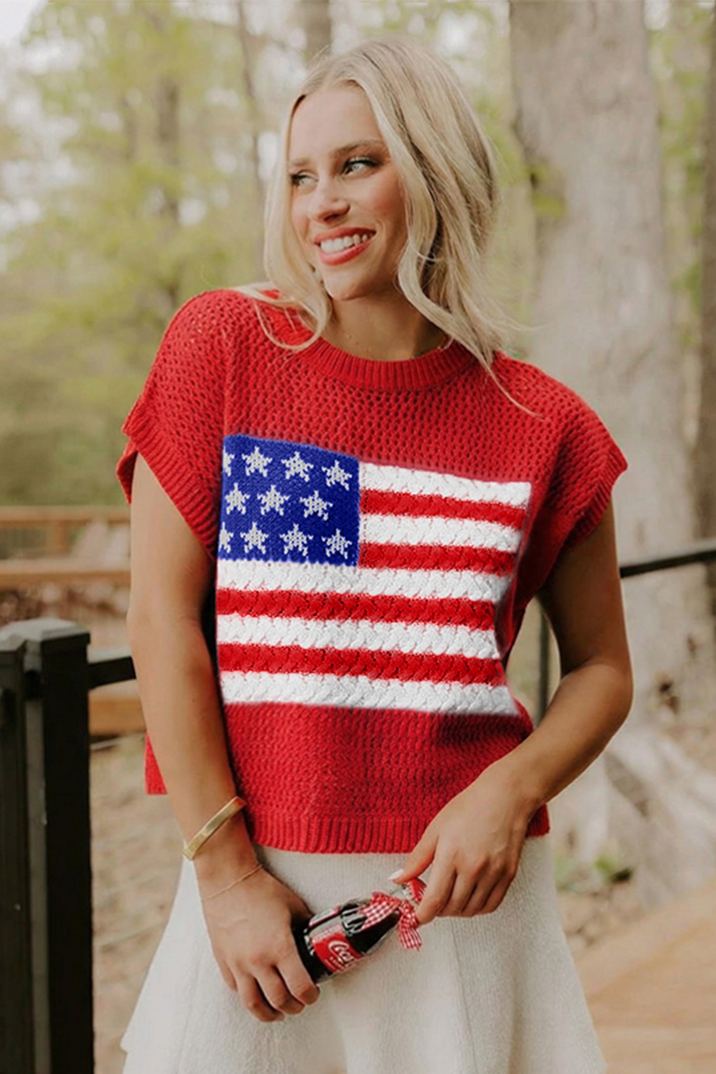 Sky Blue Flag Graphic Short Sleeve Sweater Top